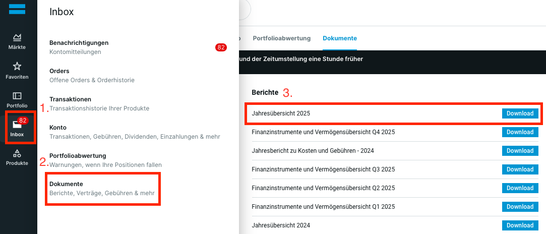 DeGiro Berichte / Jahresübersicht 2025 herunterladen
